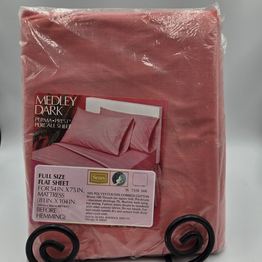 NOS VTG Sears Perma-Prest‎ Percale Full Flat Sheet Winter Rose Pink Medley Dark